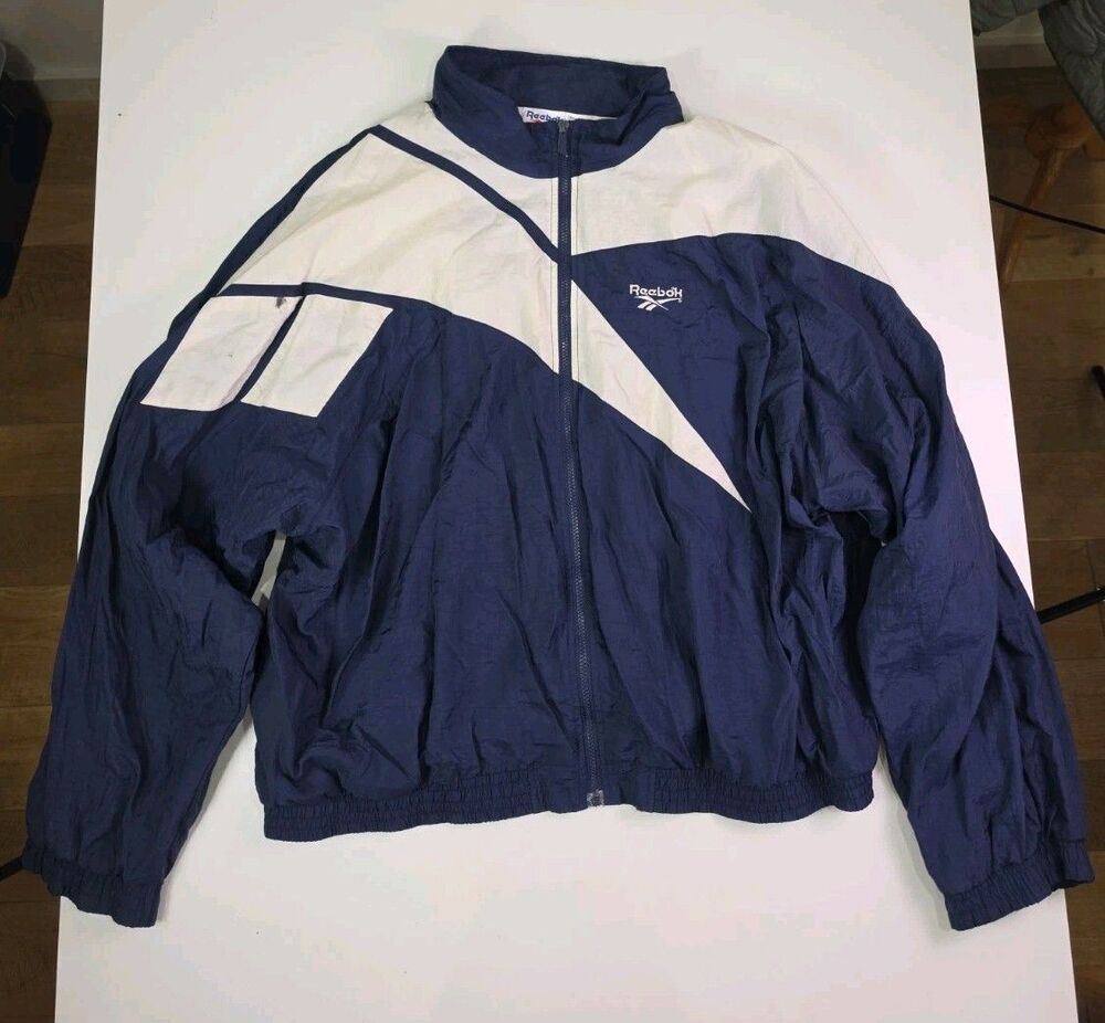 Vintage 90s Reebok Big Logo Jacket USA Windbreaker Navy Blue Size 2XL/3XL